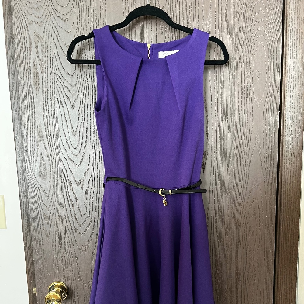 Closet Purple Dress w/ Belt, Gold Zipper, & Pockets - Size: UK10